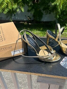 Boohoo Metallic Gold Strappy Knot High Heels